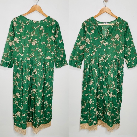 VINTAGE | Floral Cottage Core Long Sleeve Lace Hem Button Down Midi Dress - Picture 2 of 9